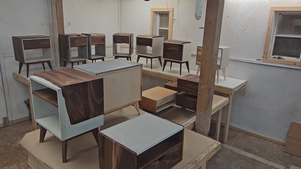 Straight Tall Dwarf - Concrete Cube and Straight Edge Black Walnut Drawer Bed Side Table Nightstand