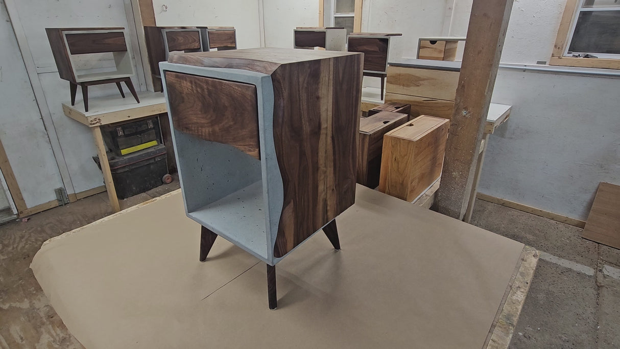 Classic Edge Light - Concrete Box & Live Edge Wood Top / Side Drawer Nightstand