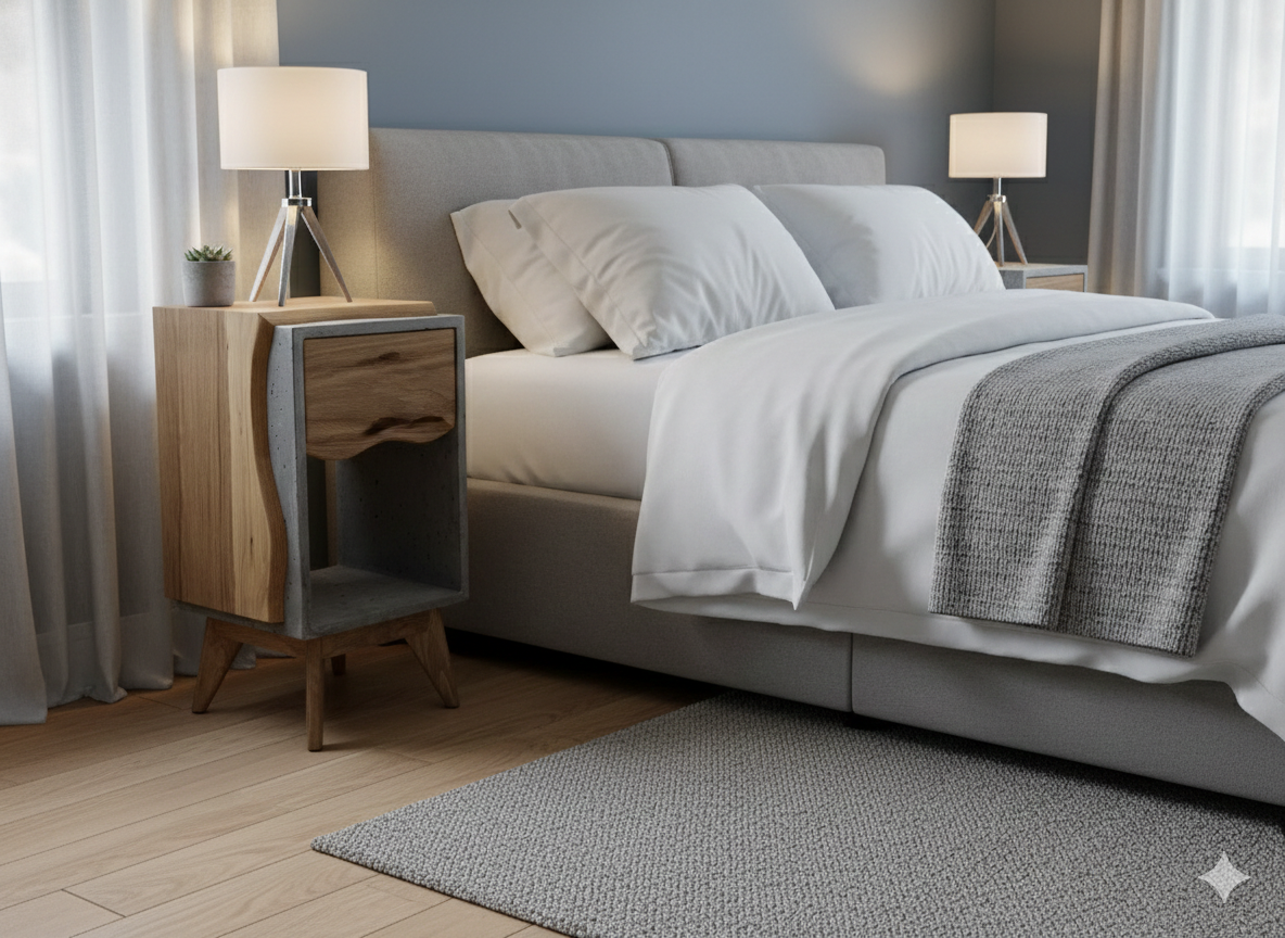 Classic Edge Light - Concrete Box & Live Edge Wood Top / Side Drawer Nightstand