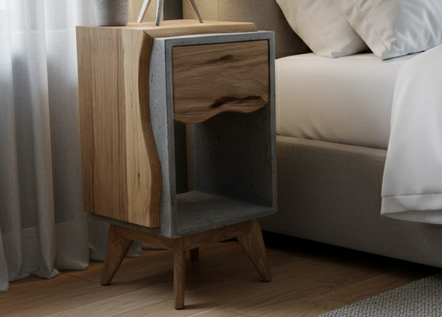 Classic Edge Light - Concrete Box & Live Edge Wood Top / Side Drawer Nightstand