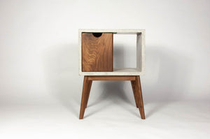 Concrete & walnut mid-century nightstand and side table