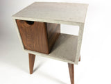 Concrete & walnut mid-century nightstand and side table