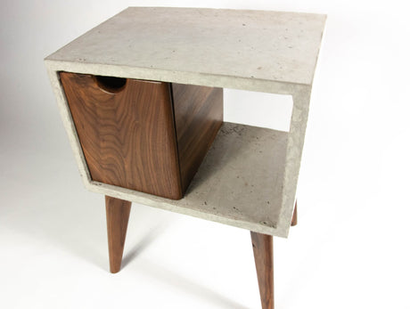 Concrete & walnut mid-century nightstand and side table