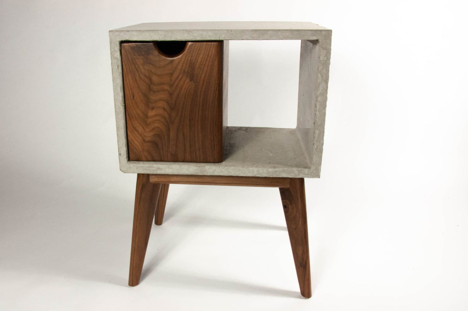 Concrete & walnut mid-century nightstand and side table