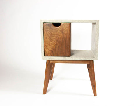 Concrete & walnut mid-century nightstand and side table