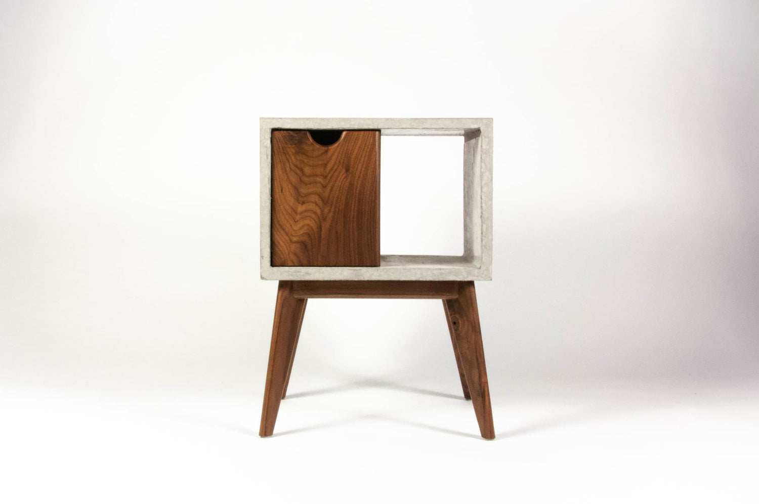 Concrete & walnut mid-century nightstand and side table