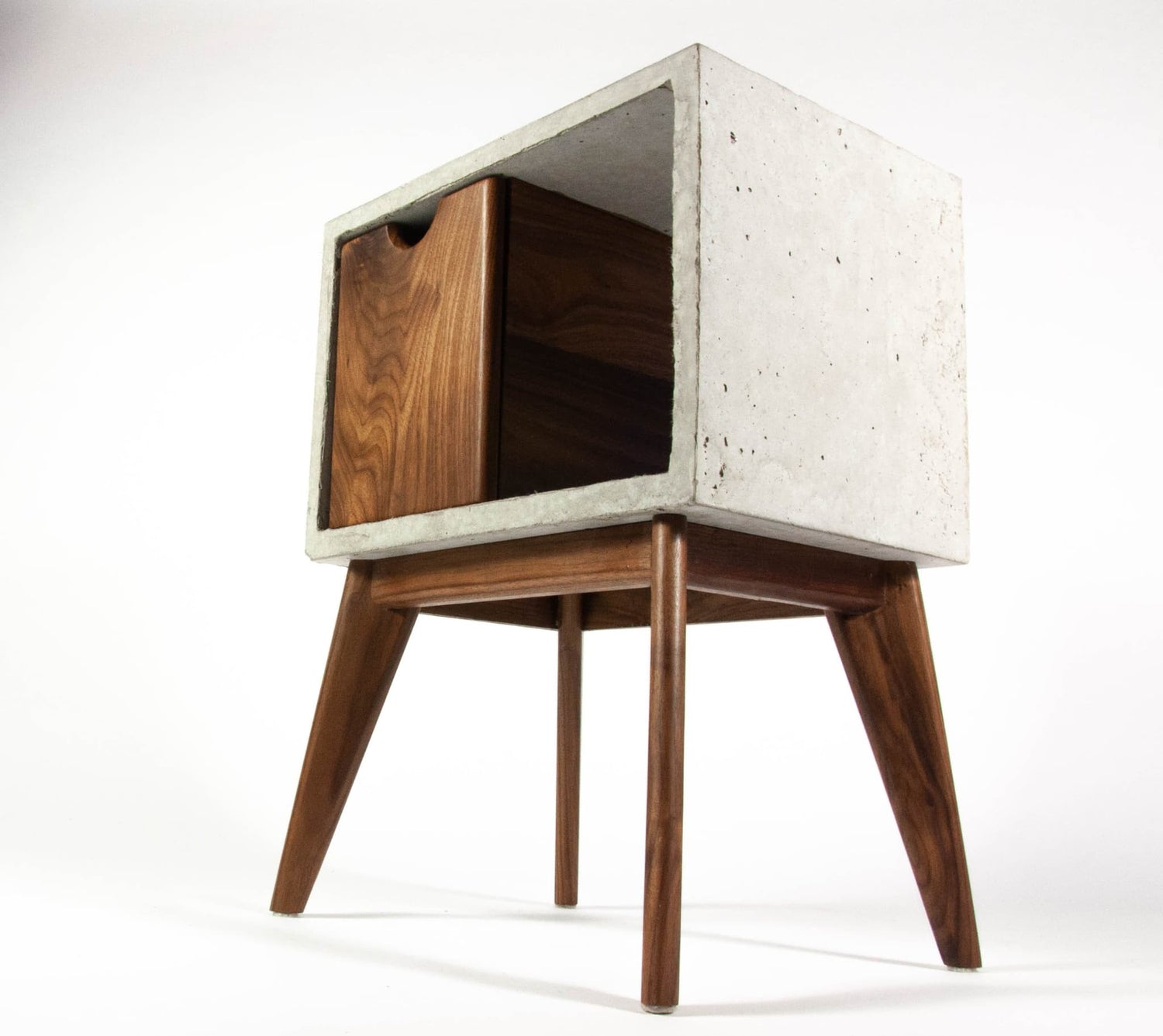 Concrete & walnut mid-century nightstand and side table