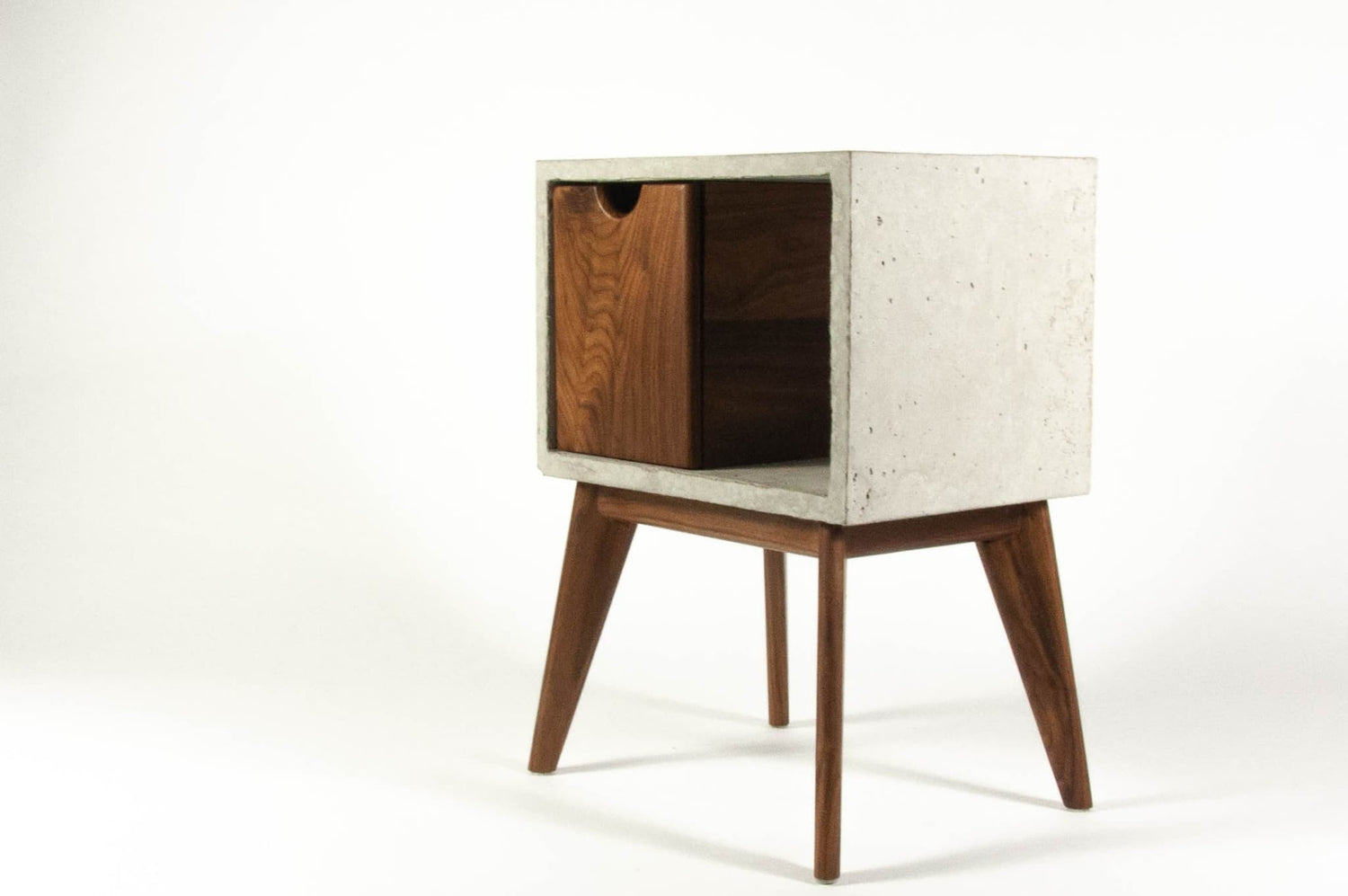 Concrete & walnut mid-century nightstand and side table