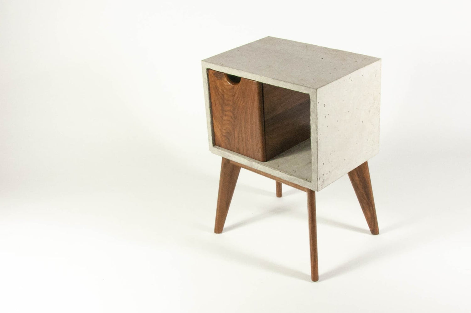 Concrete & walnut mid-century nightstand and side table