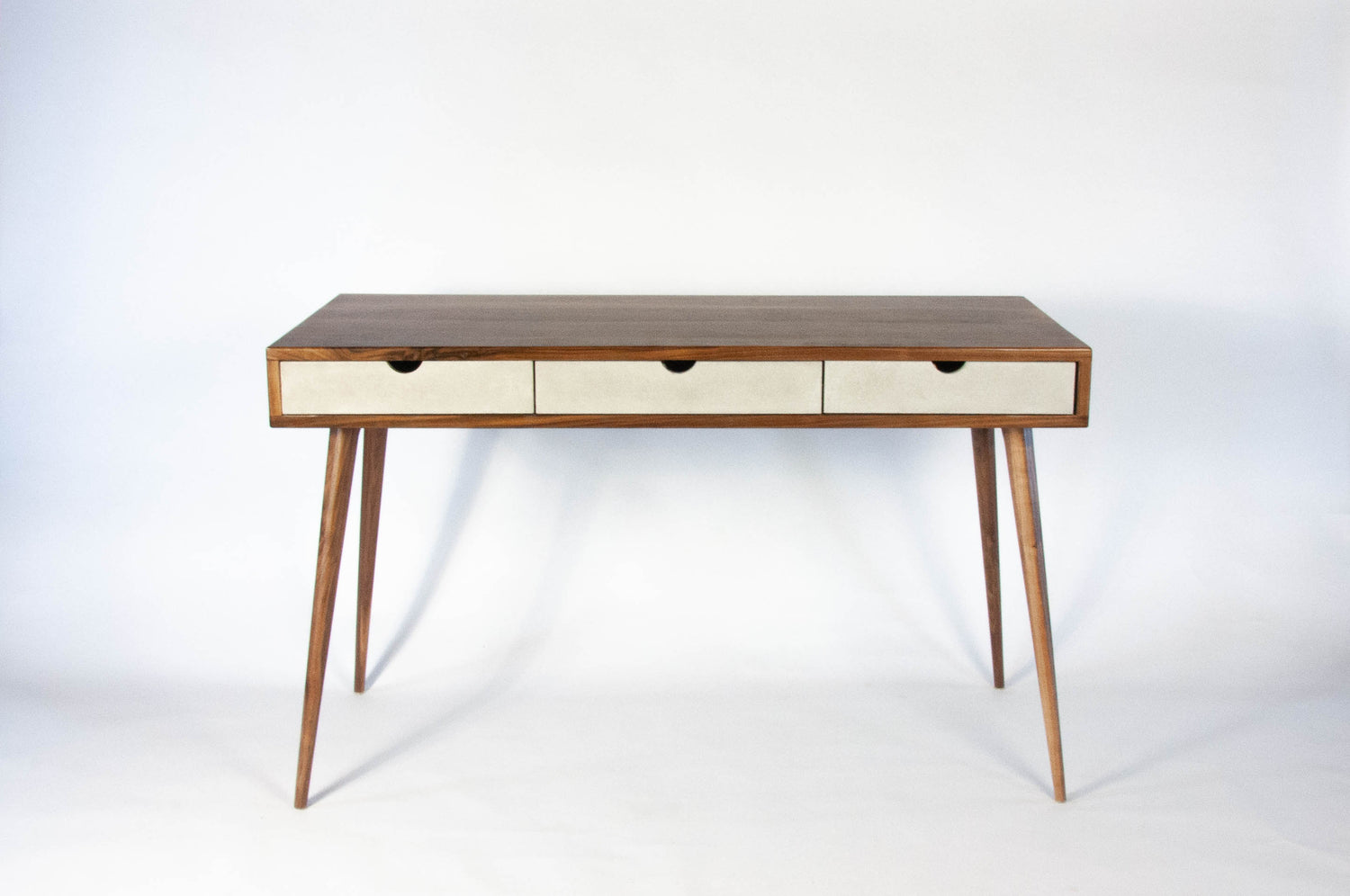 Black walnut office desk with three concrete drawers