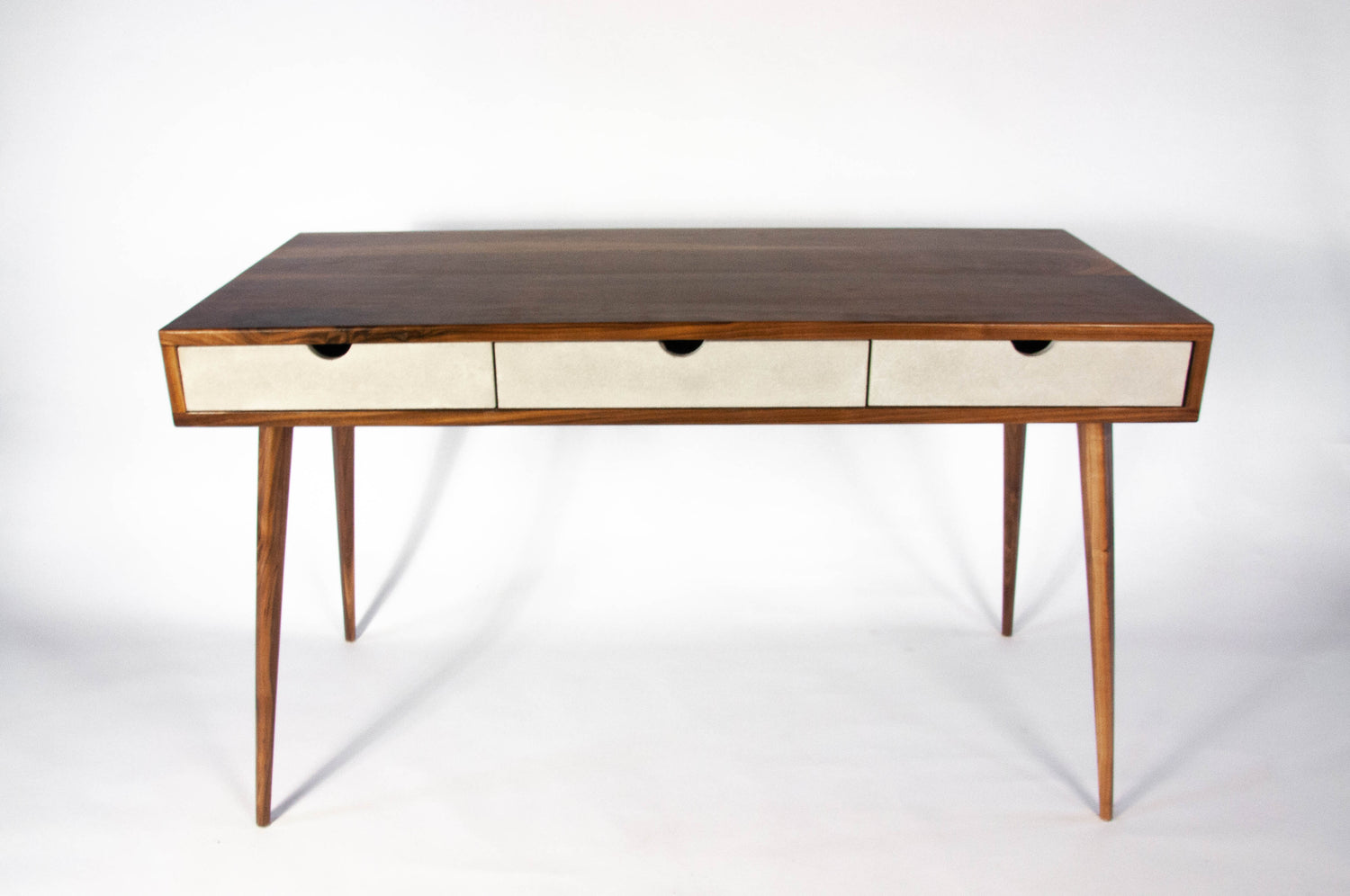 Black walnut office desk with three concrete drawers