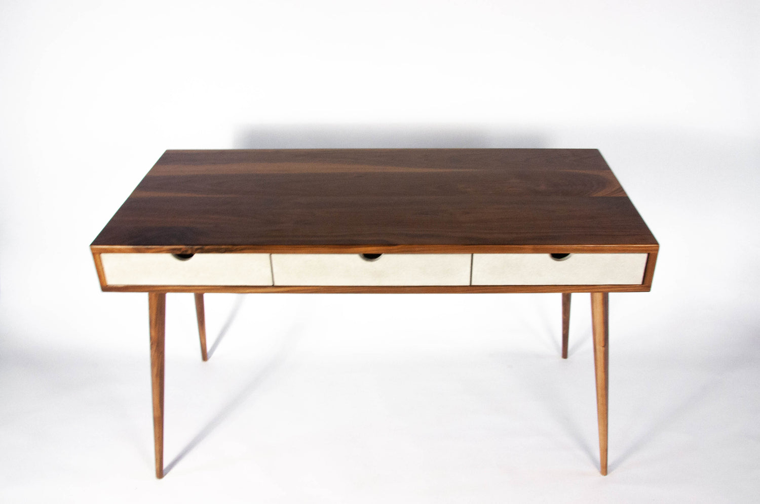 Black walnut office desk with three concrete drawers
