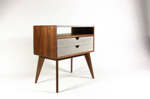 Walnut & concrete top and drawers mid-century nightstand