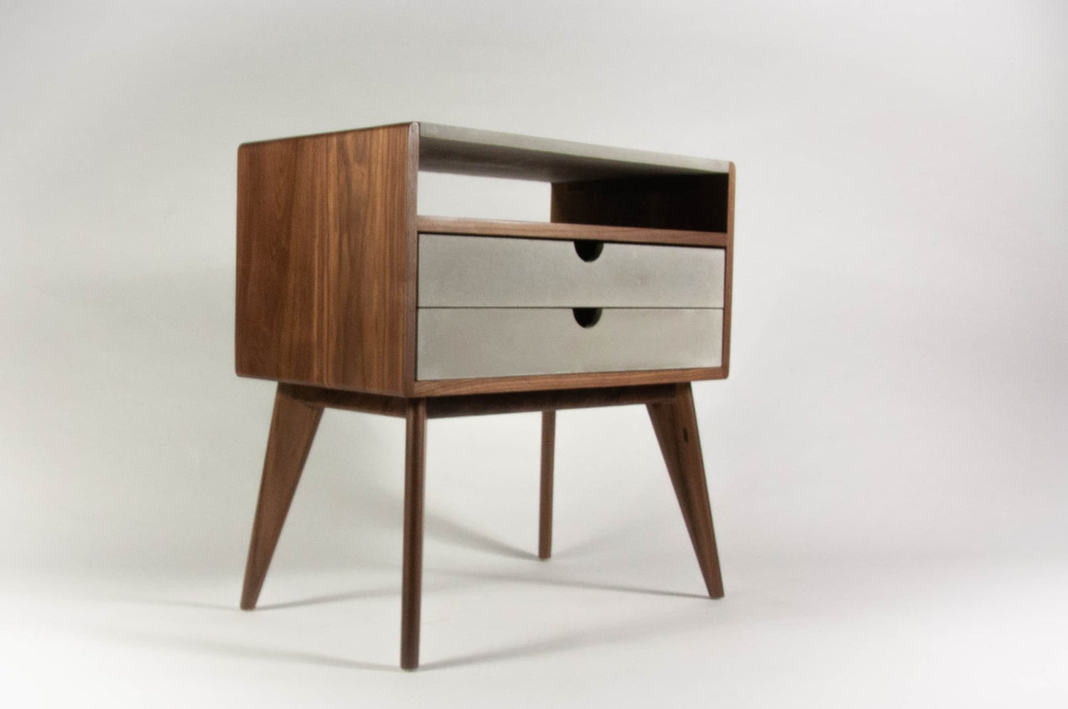 Walnut & concrete top and drawers mid-century nightstand