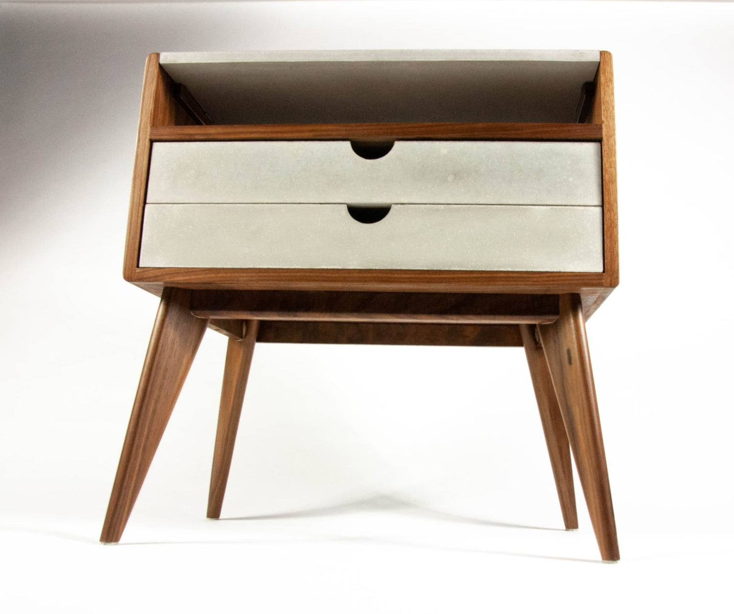 Walnut & concrete top and drawers mid-century nightstand
