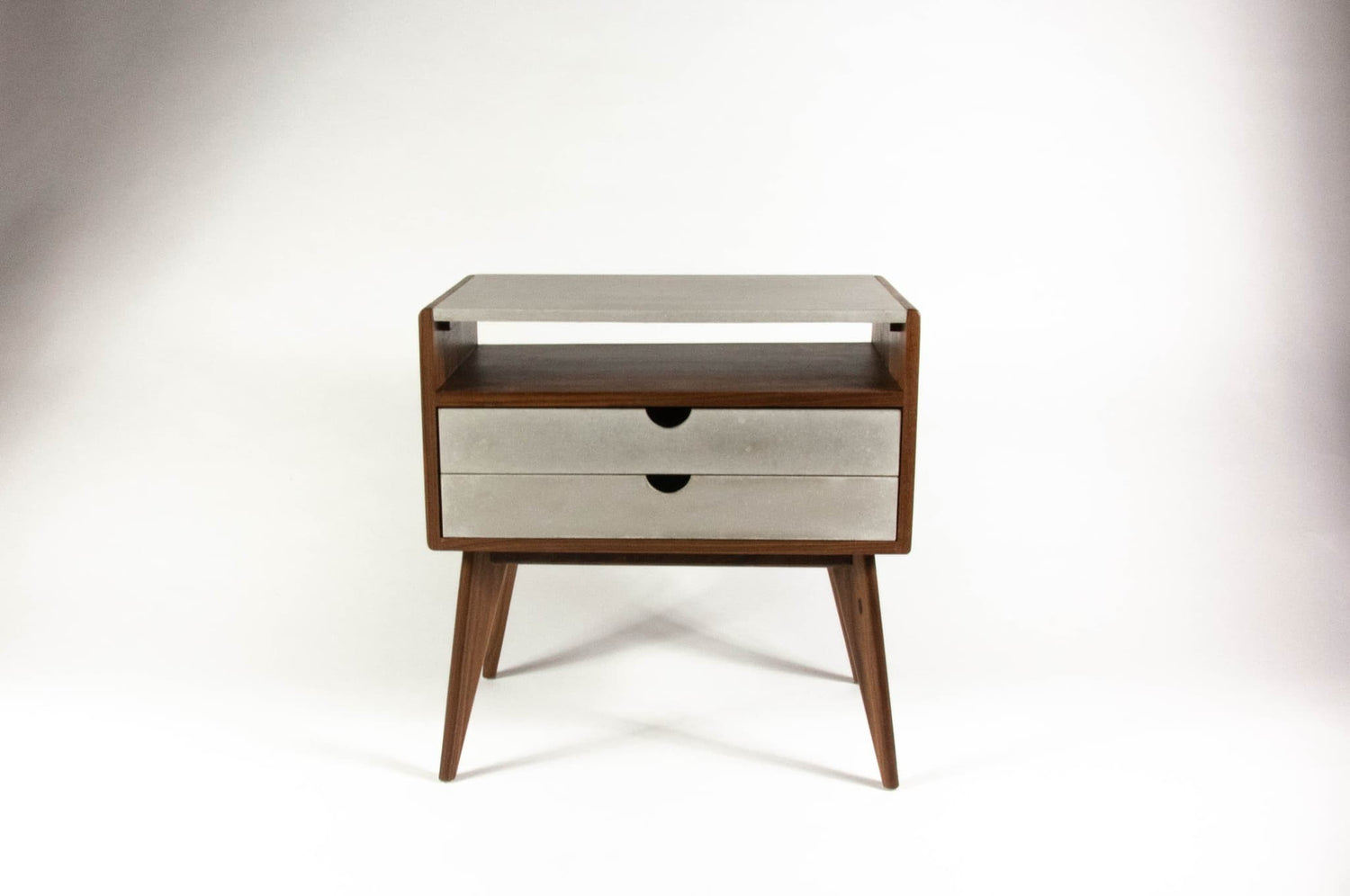 Walnut & concrete top and drawers mid-century nightstand