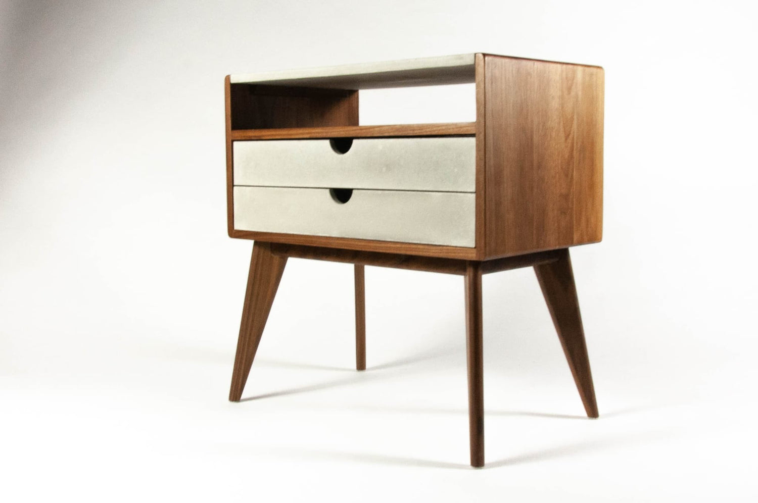 Walnut & Concrete Drawer Mid-Century Nightstand and Side Table