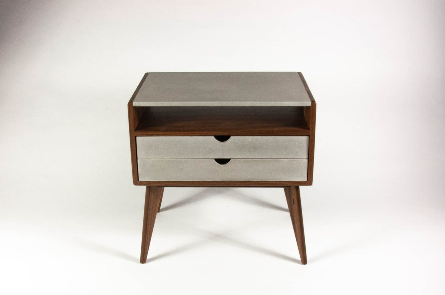 Walnut & concrete top and drawers mid-century nightstand