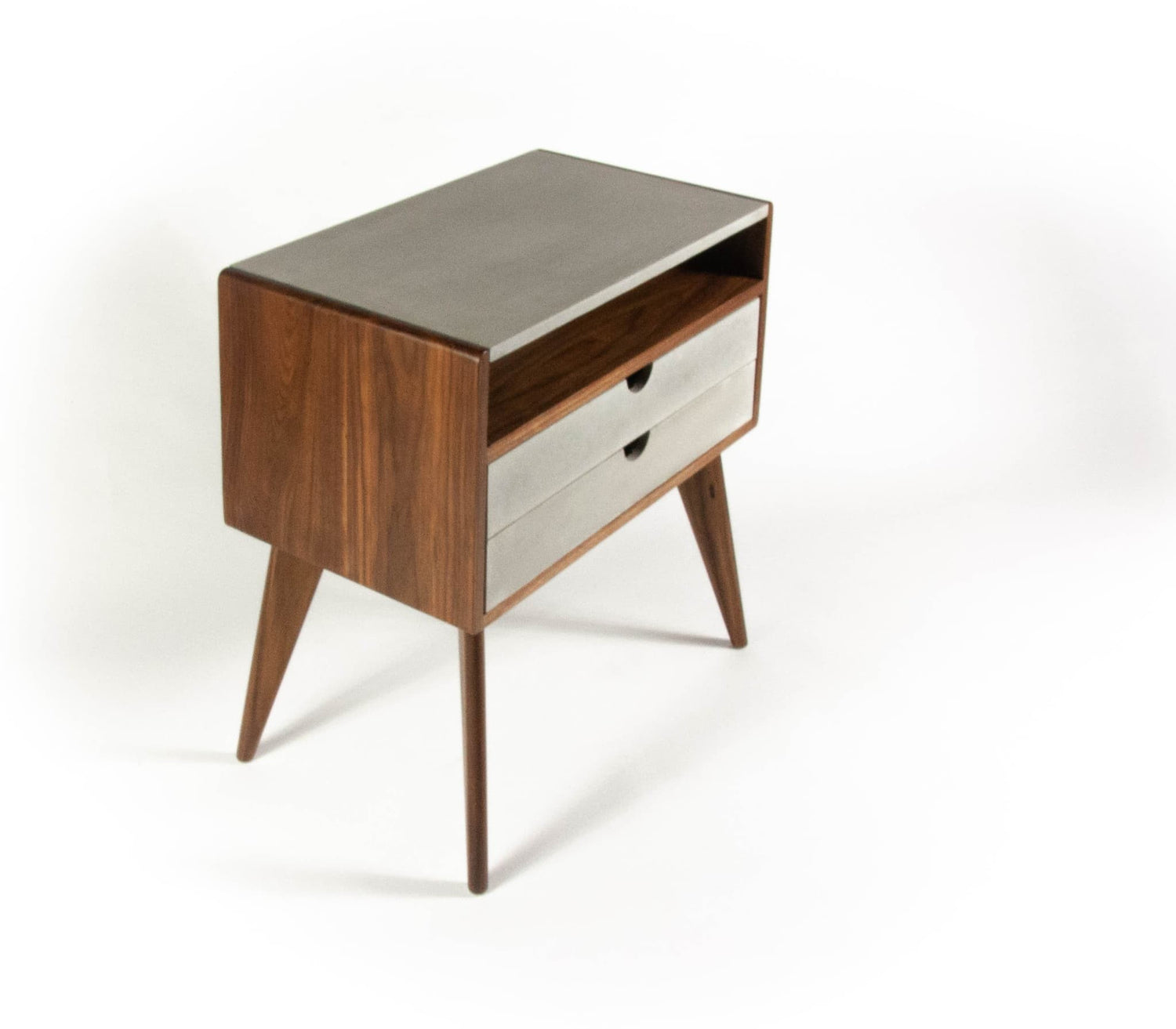 Walnut & concrete top and drawers mid-century nightstand
