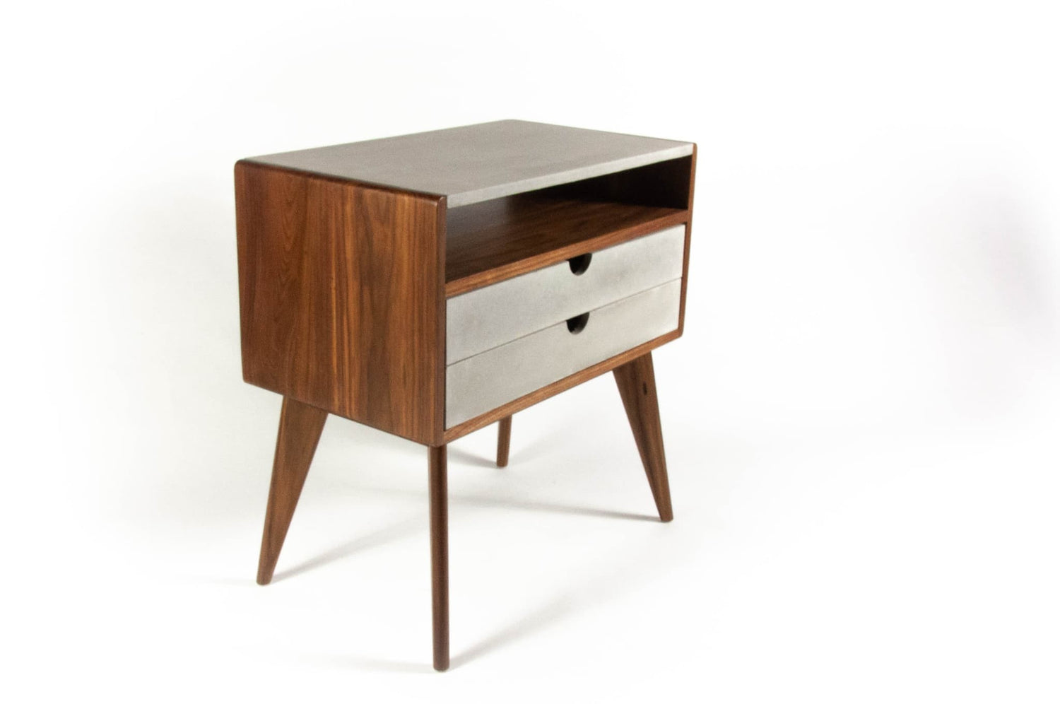 Walnut & concrete top and drawers mid-century nightstand