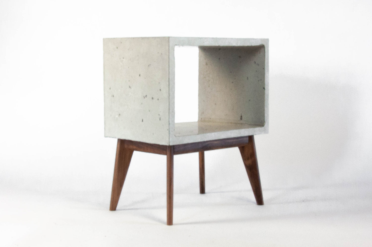 Concrete Cube & Tall Wood  Mid-century Legs Side Table