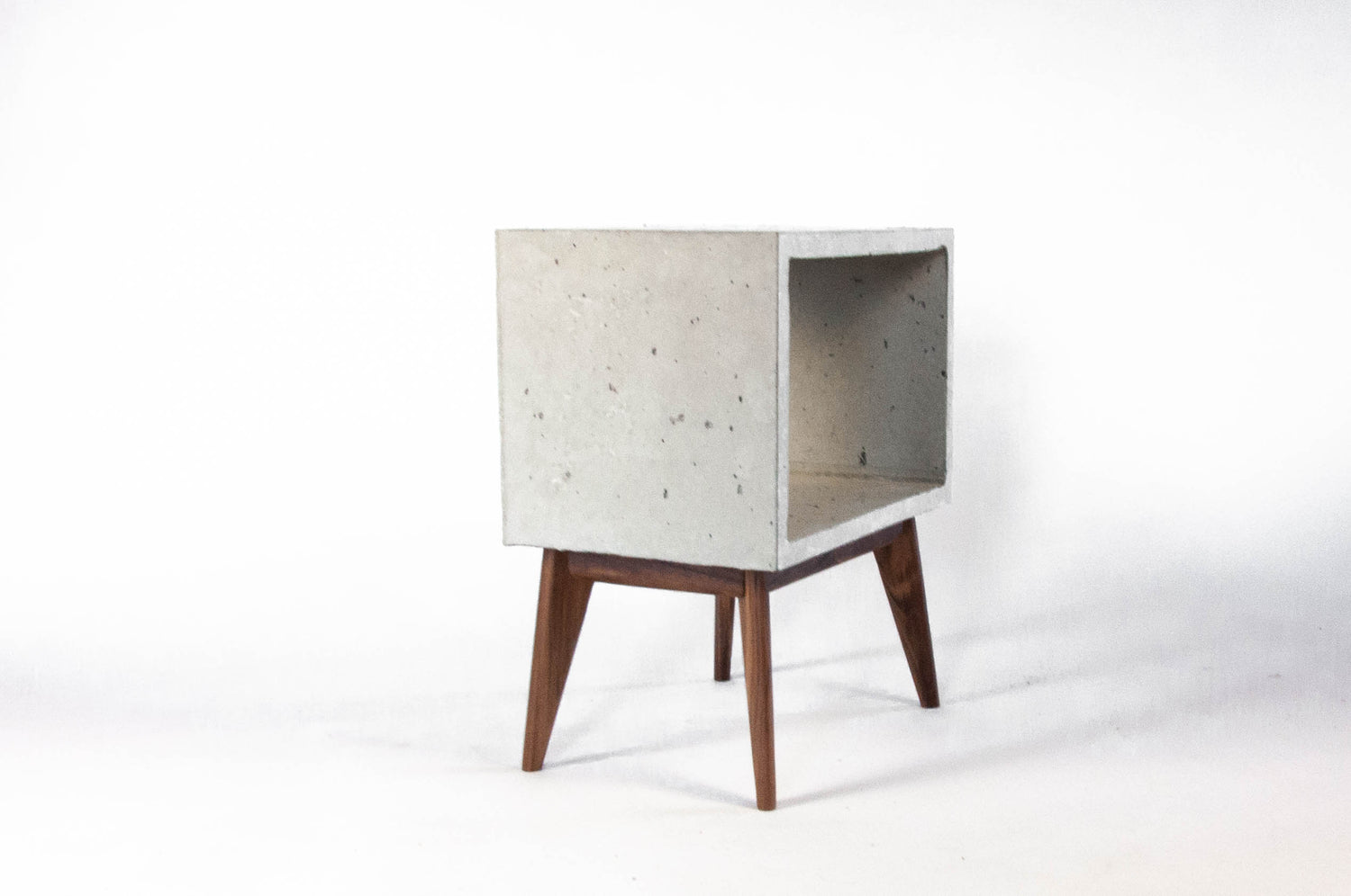 Concrete Cube & Tall Wood  Mid-century Legs Side Table