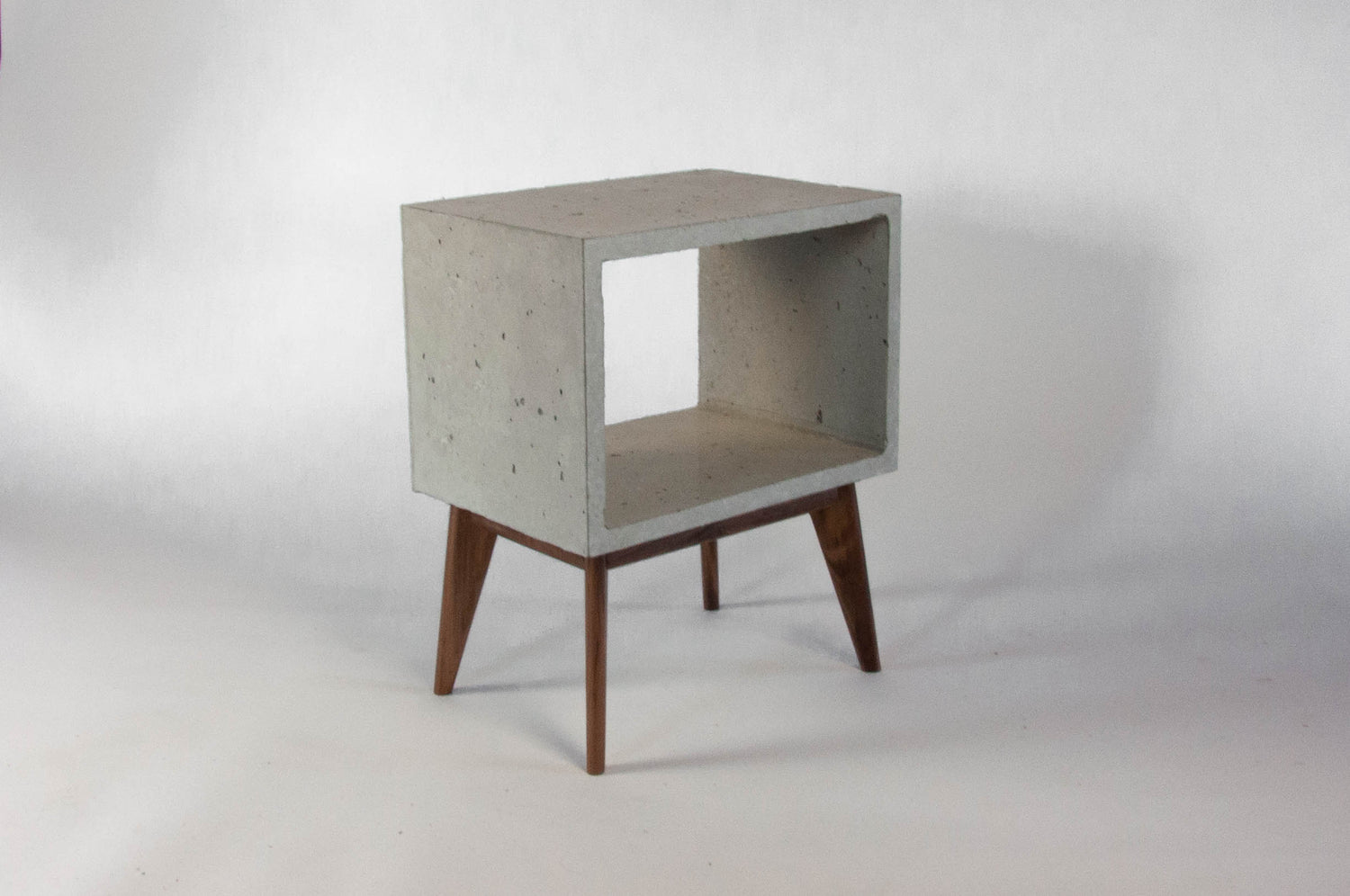 Concrete Cube & Tall Wood  Mid-century Legs Side Table