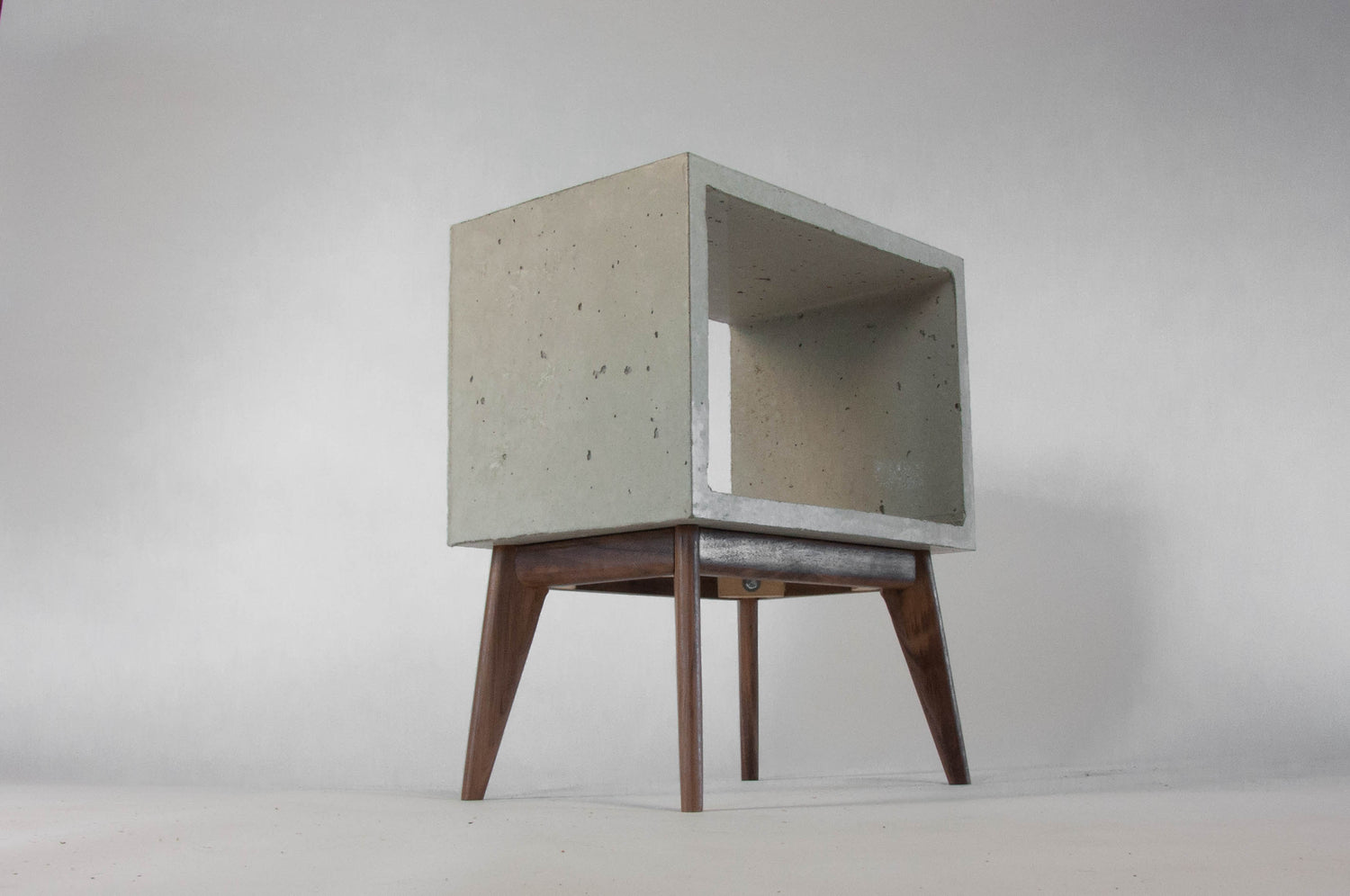 Concrete Cube & Tall Wood  Mid-century Legs Side Table