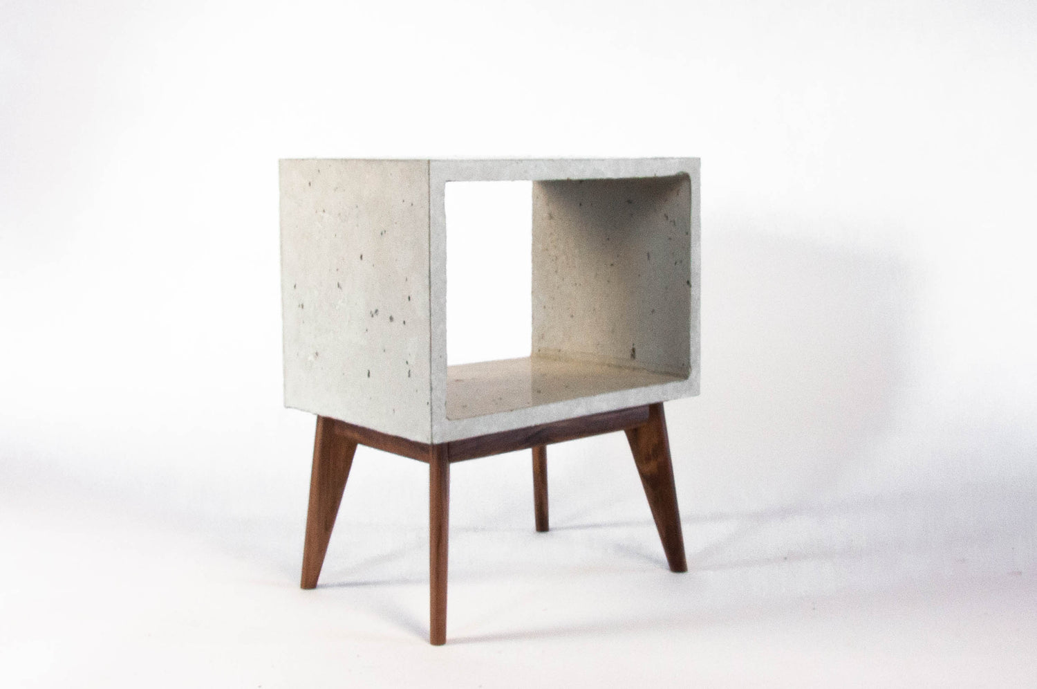 Concrete Cube & Tall Wood  Mid-century Legs Side Table