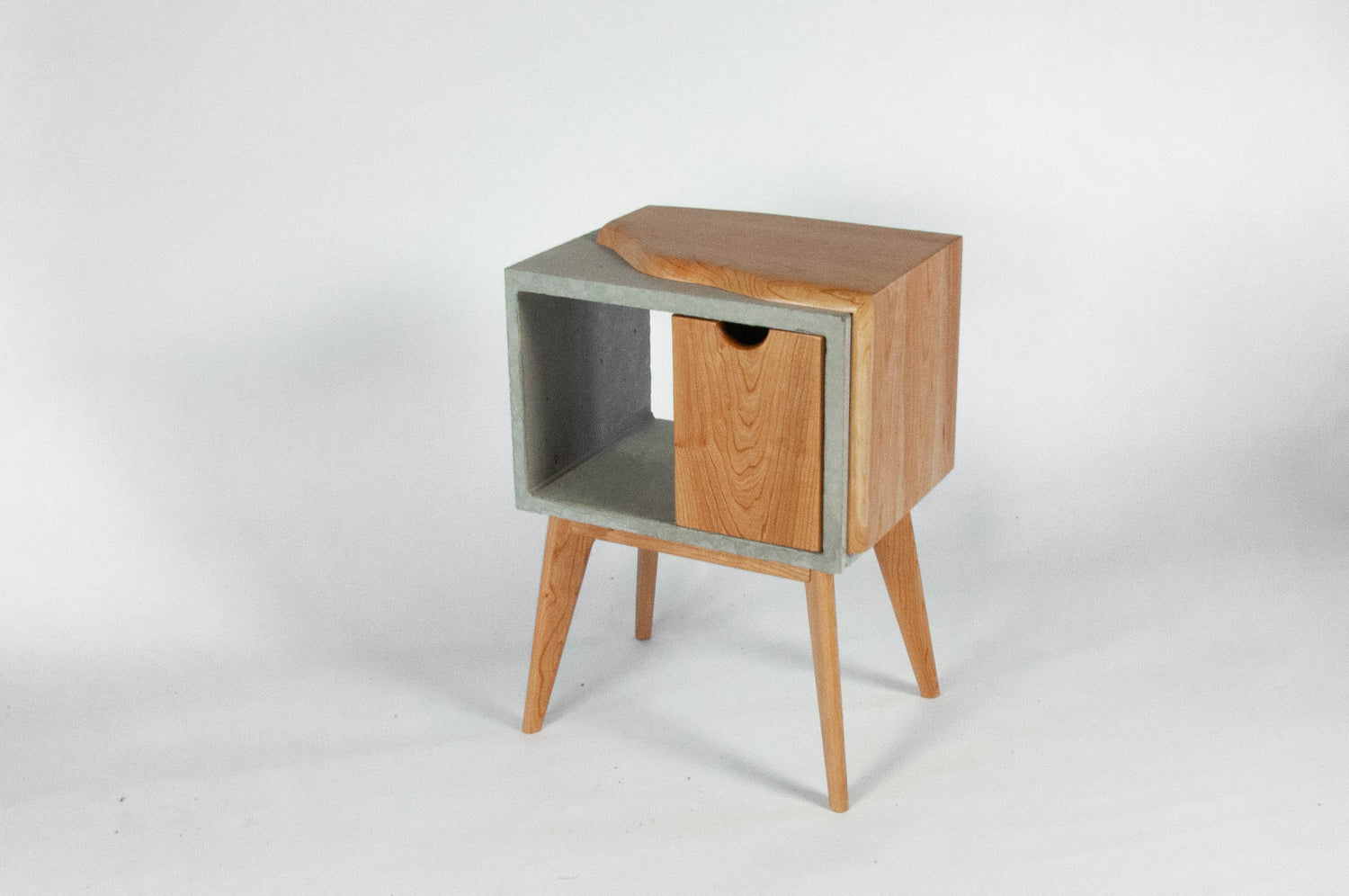 Half n' Half - Concrete & Live Edge Cherry Wood with Drawer Mid-Century Bed Side Table