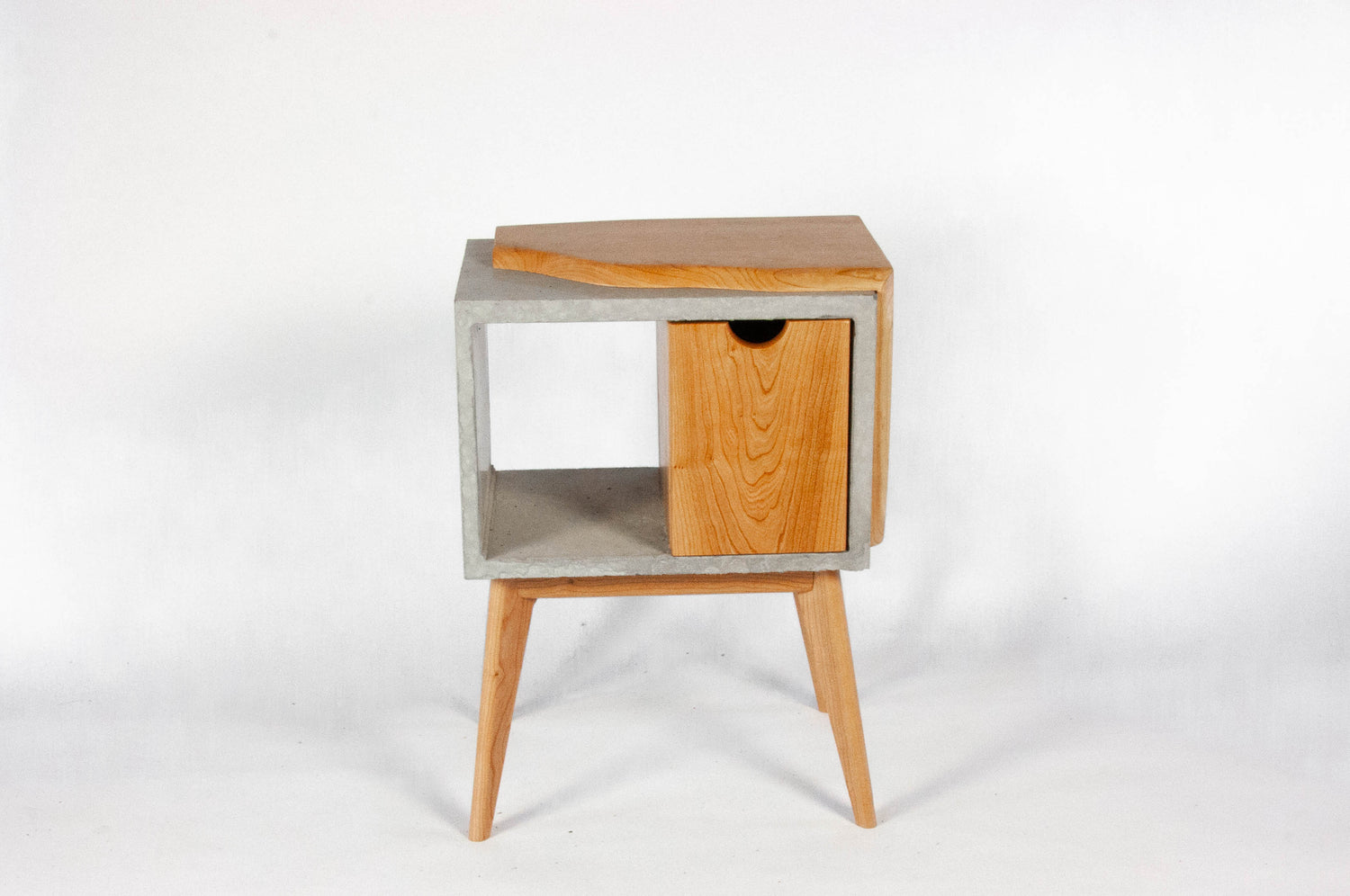 Half n' Half - Concrete & Live Edge Cherry Wood with Drawer Mid-Century Bed Side Table