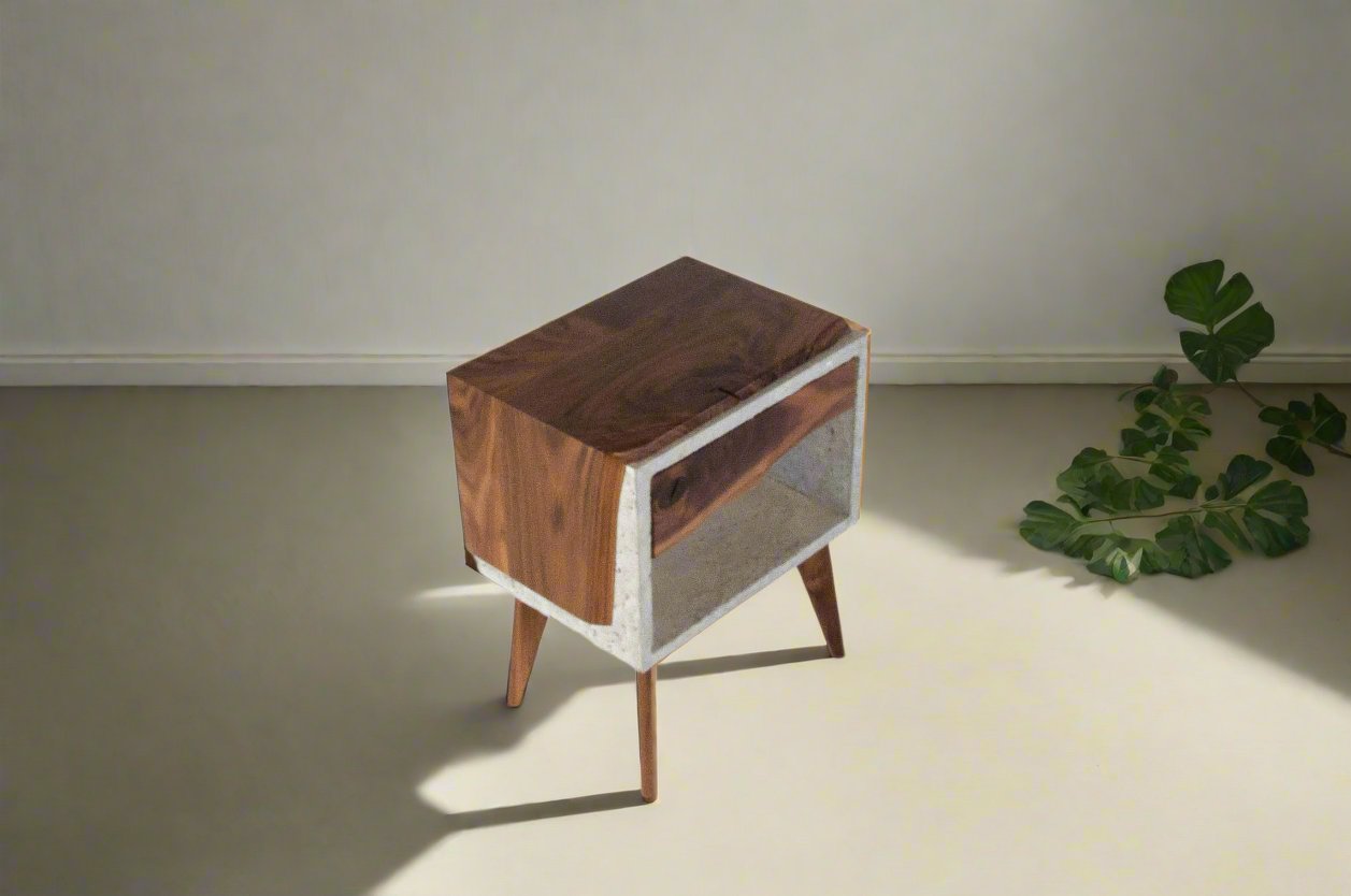 Tall Dwarf Solid Walnut Live Edge & Concrete Nightstand with Drawer