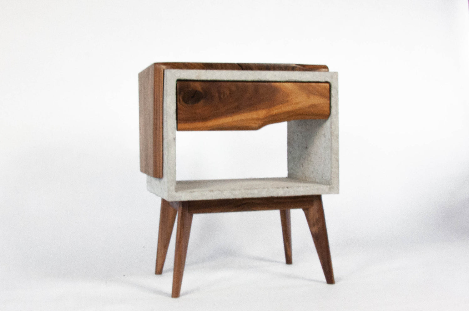 Tall Dwarf Solid Walnut Live Edge & Concrete Nightstand with Drawer