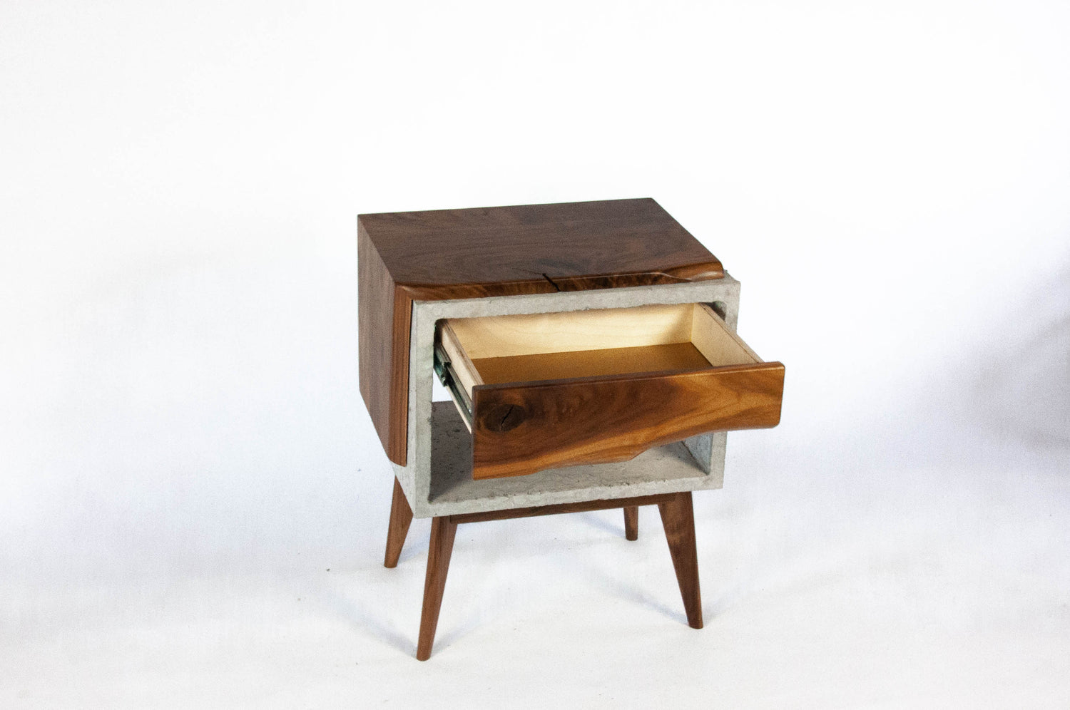 Tall Dwarf Solid Walnut Live Edge & Concrete Nightstand with Drawer