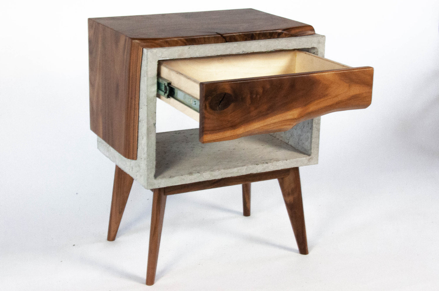 Tall Dwarf Solid Walnut Live Edge & Concrete Nightstand with Drawer