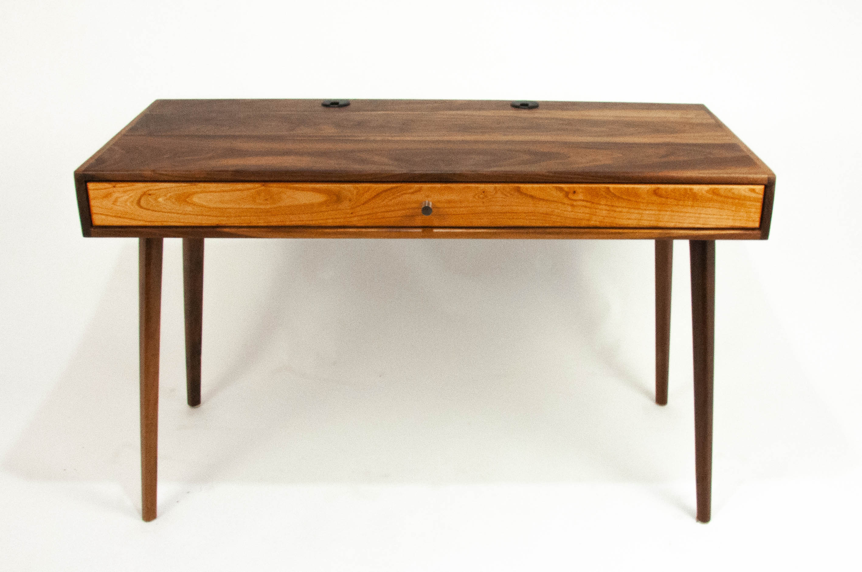 Mid-century Walnut Desk w/ carved keyboard shelf | Curly Woods