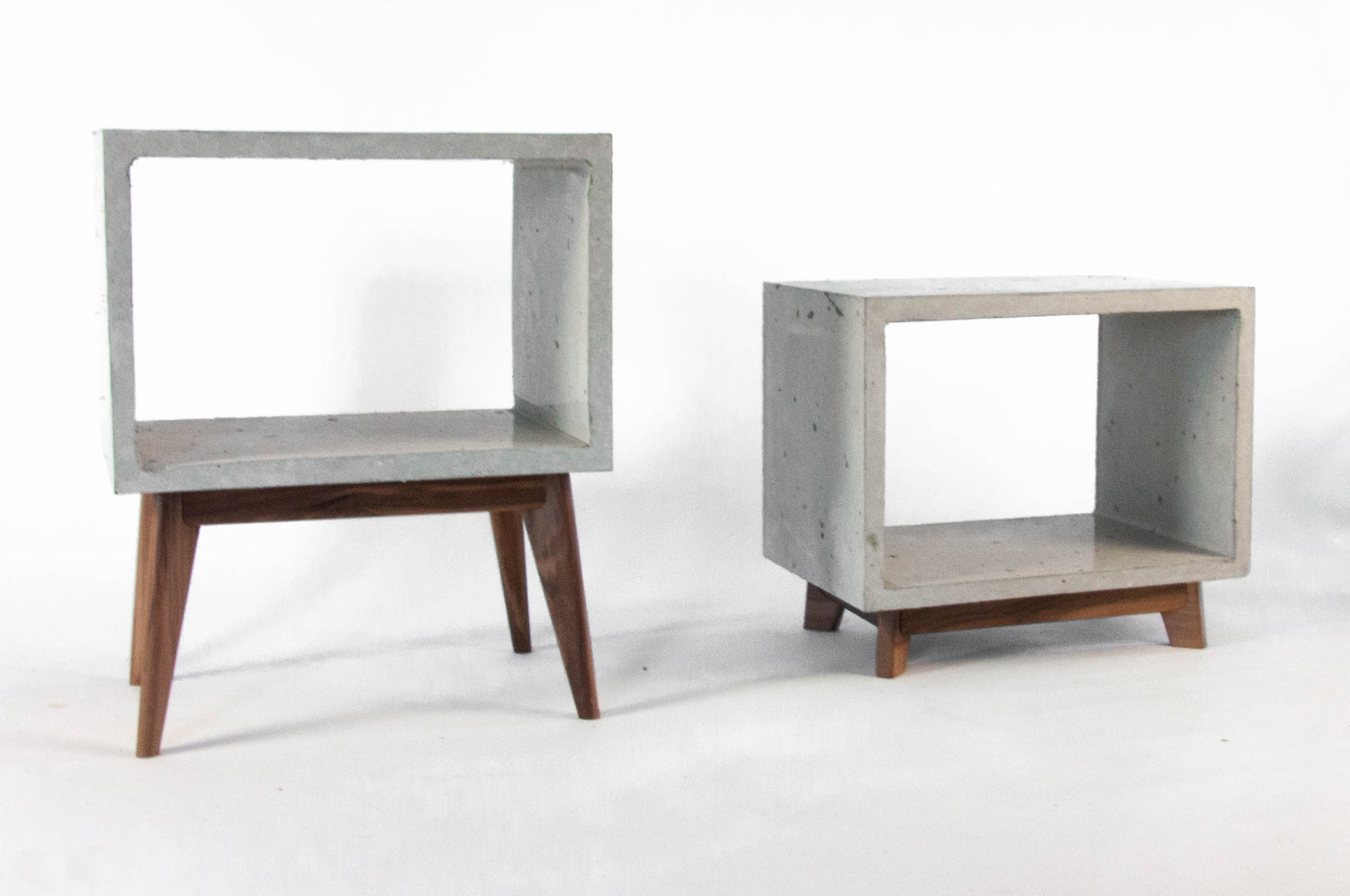 Concrete Cube & Tall Wood  Mid-century Legs Side Table